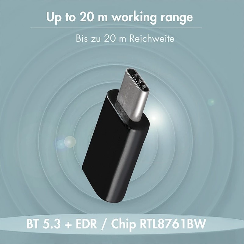 LogiLink BT0048A USB-C Bluetooth 5.3 -sovitin, 20 m kantama, musta