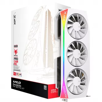 Näytönohjain XFX Radeon RX 9070 XT — 16 GB GDDR6, 256-bit, PCIe x16, 3 tuuletinta, valkoinen, 360 mm