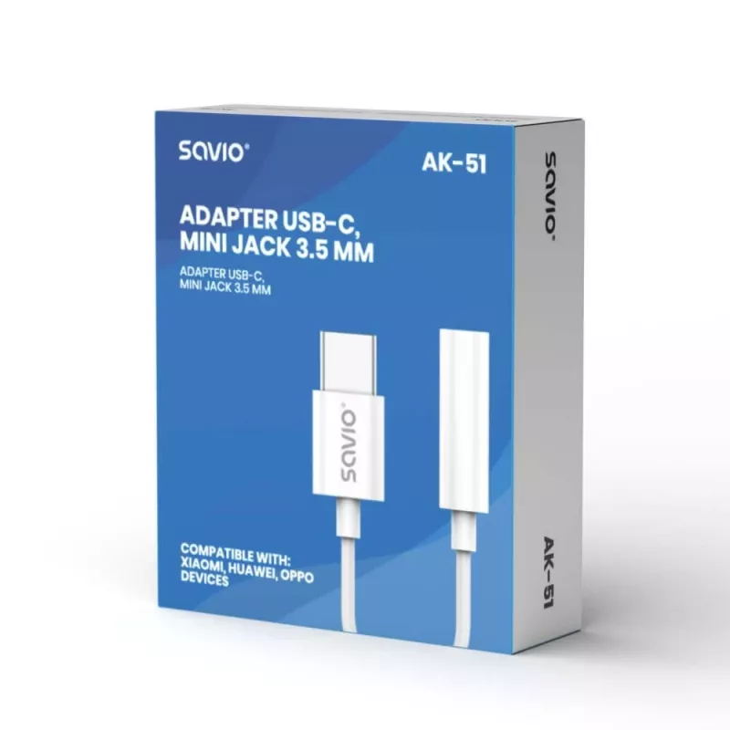USB Type 3.1 C (M) – 3,5 mm Jack (F) audioadapteri valkoinen SAVIO AK-51