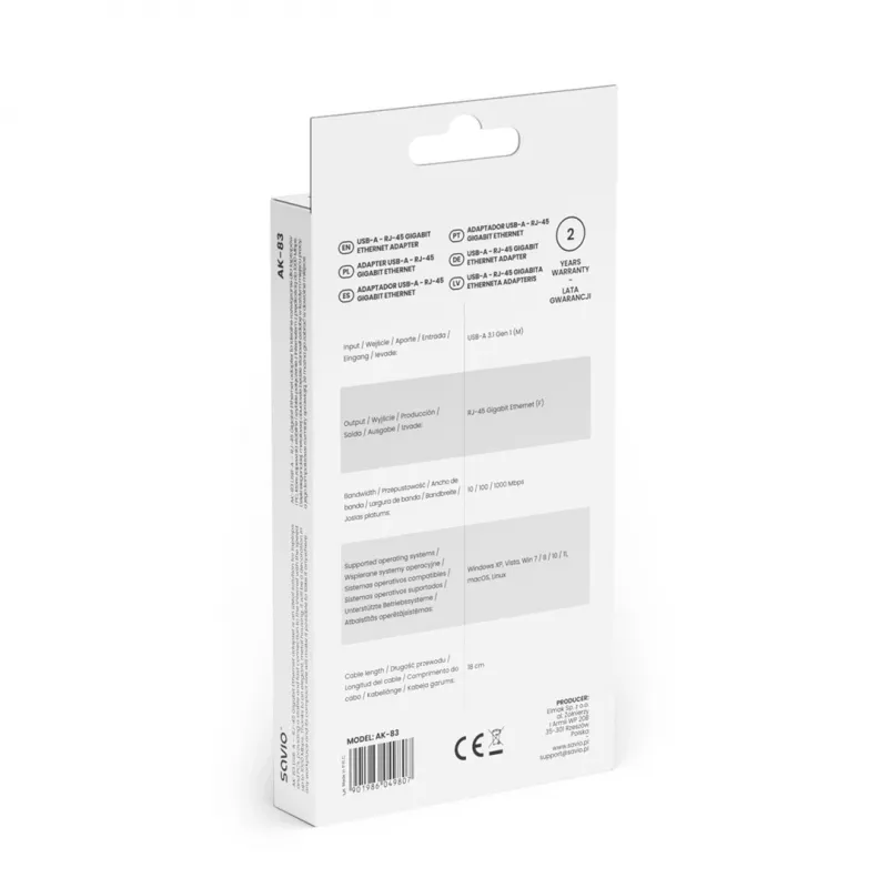 Verkkoliitäntäsovitin SAVIO AK-83 USB Type-A - RJ-45 uros, 5 Gbit/s, musta