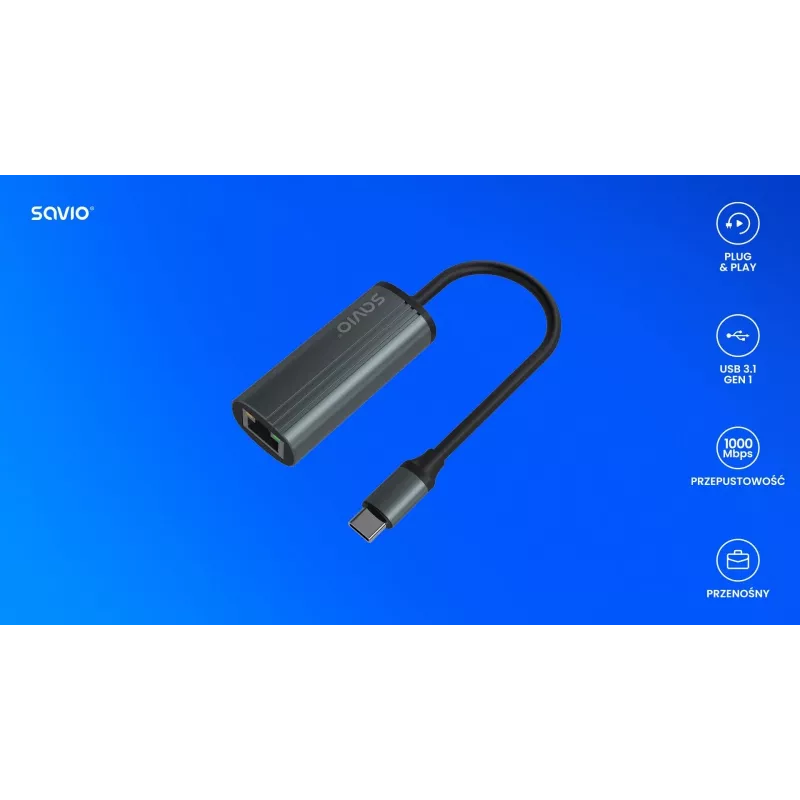 SAVIO adapteri USB-C 3.1 Gen.1 (M) - RJ-45 Gigabit Ethernet (F), 1000 Mbps, AK-56, harmaa