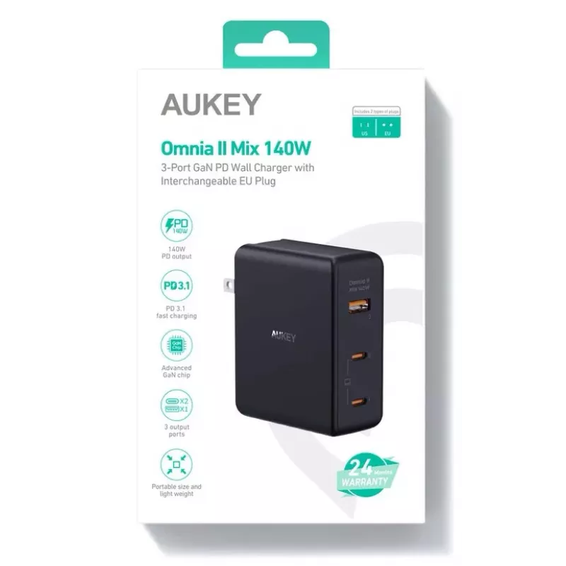 Seinäverkkovirtalaturi Aukey PA-B7O, 3×USB, GaN-teknologia