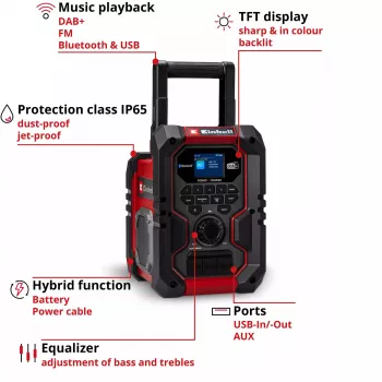 Kannettava radio EINHELL TE-CR 18 Li DAB+ FM Bluetooth USB, paristokäyttöinen (TE-CR 18 Li -yhteensopiva)