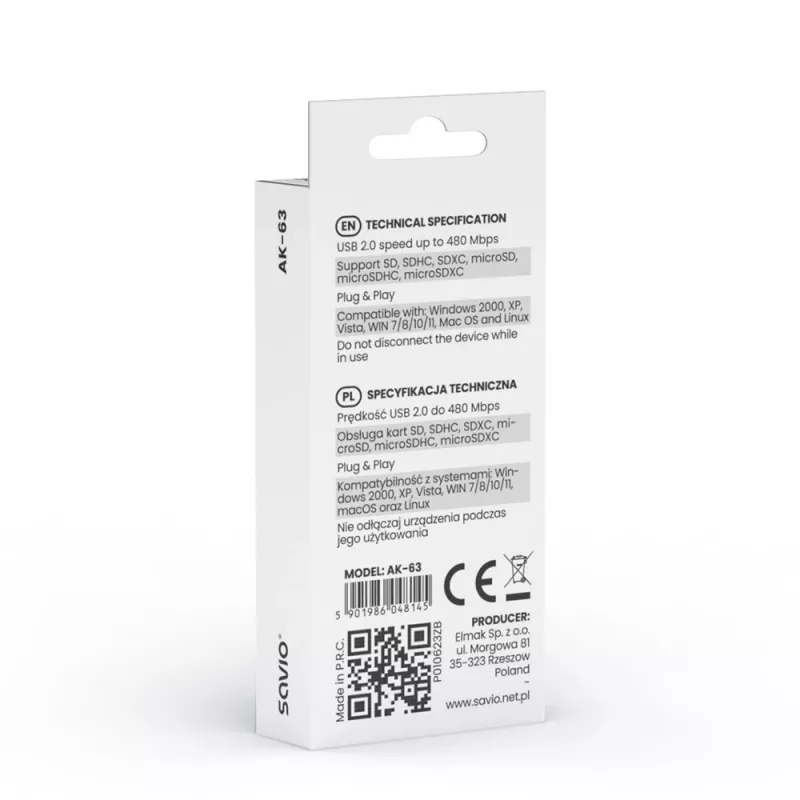 SD-kortinlukija, USB 2.0, 480 Mbit/s, AK-63 Savio SAVAK-63