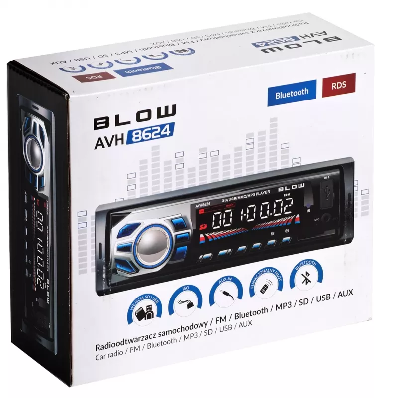 BLOW AVH-8624 autoradio, 1 DIN, FM RDS, Bluetooth, USB, SD/MMC, AUX, MP3, LCD-näyttö, kaukosäädin, musta
