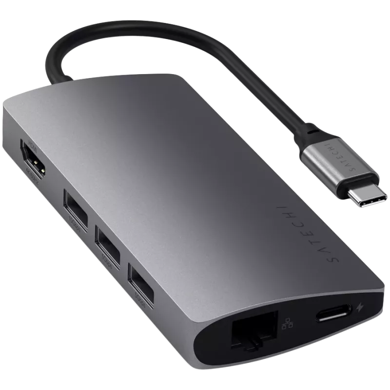 Satechi alumiinisovitin V2 USB-C (USB-C, 3x USB-A, 4K HDMI, kortinlukija micro/SD, Ethernet) (Starlight Grey)