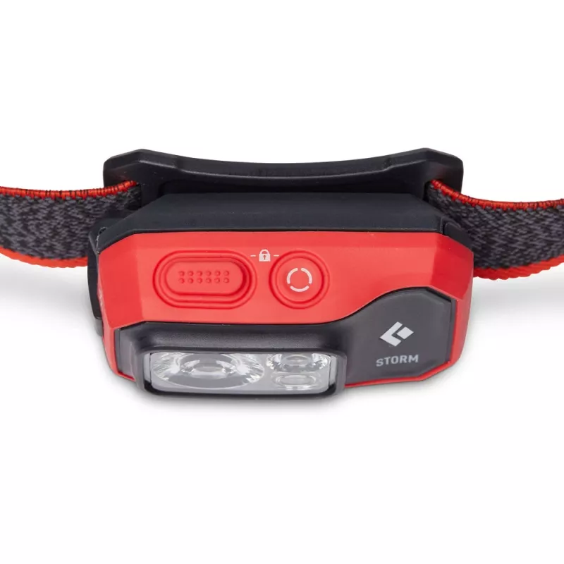 Black Diamond Storm 450 otsalamppu, jossa musta ja punainen otsapanta