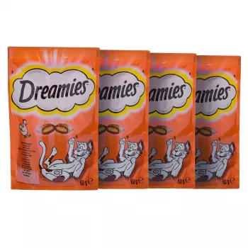 Kissanherkut Dreamies Cheese, Chicken, Salmon -valikoima 12×60 g — lihapitoiset kiinteät herkut, proteiini 31 %, rasva 21 %