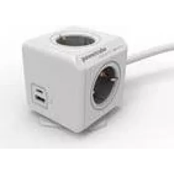 Allocacoc 10435/DEEUAC jatkojohto, jossa 4 AC-pistorasiaa, USB-A- ja USB-C-liitännät