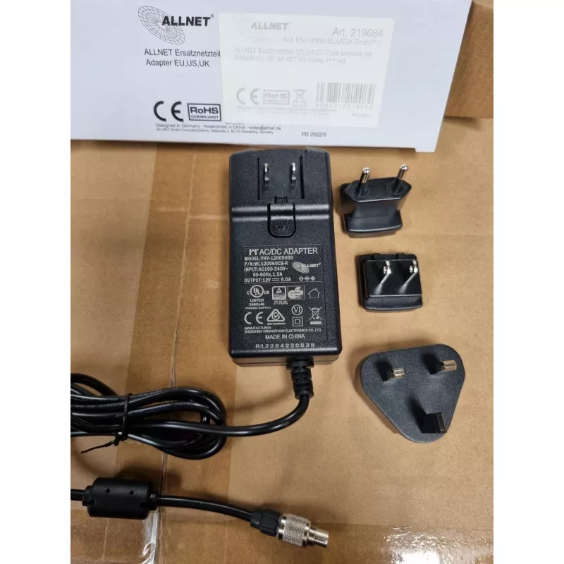 Virtalähde ALLNET ALL-PSU12V5A-EUUSUK-Binder711 12V 5A Binder 7/11 -liittimellä (EU/US/UK-pistoke)