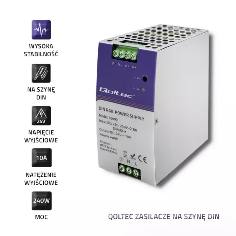 DIN-kiskovirtalähde QOLTEC 50997 240W 24V 10A
