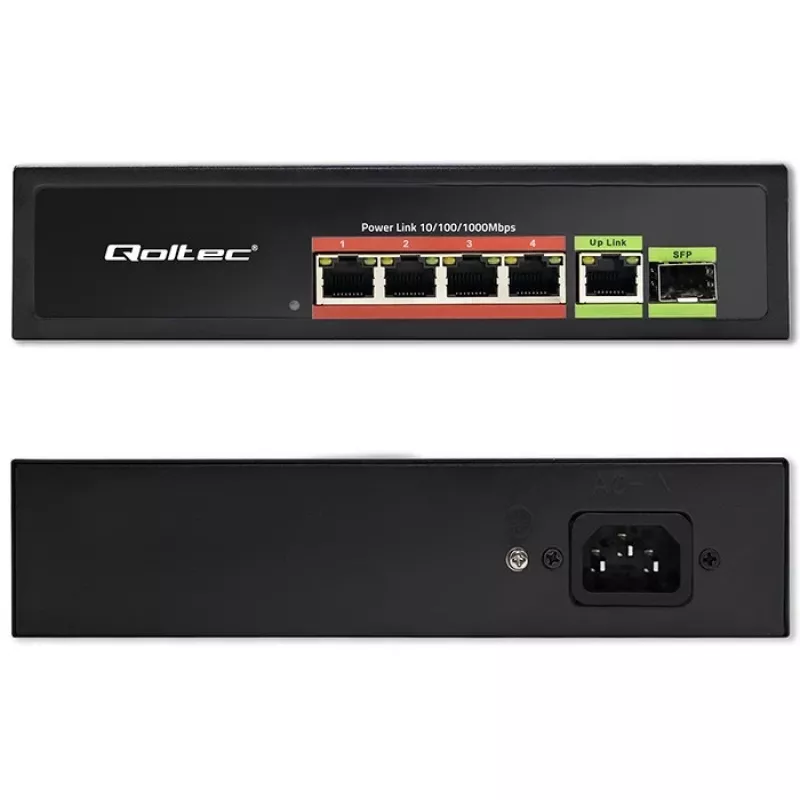 Ethernet PoE -kytkin QOLTEC 52296 — 4x RJ45 PoE-porttia, 1x RJ45 uplink