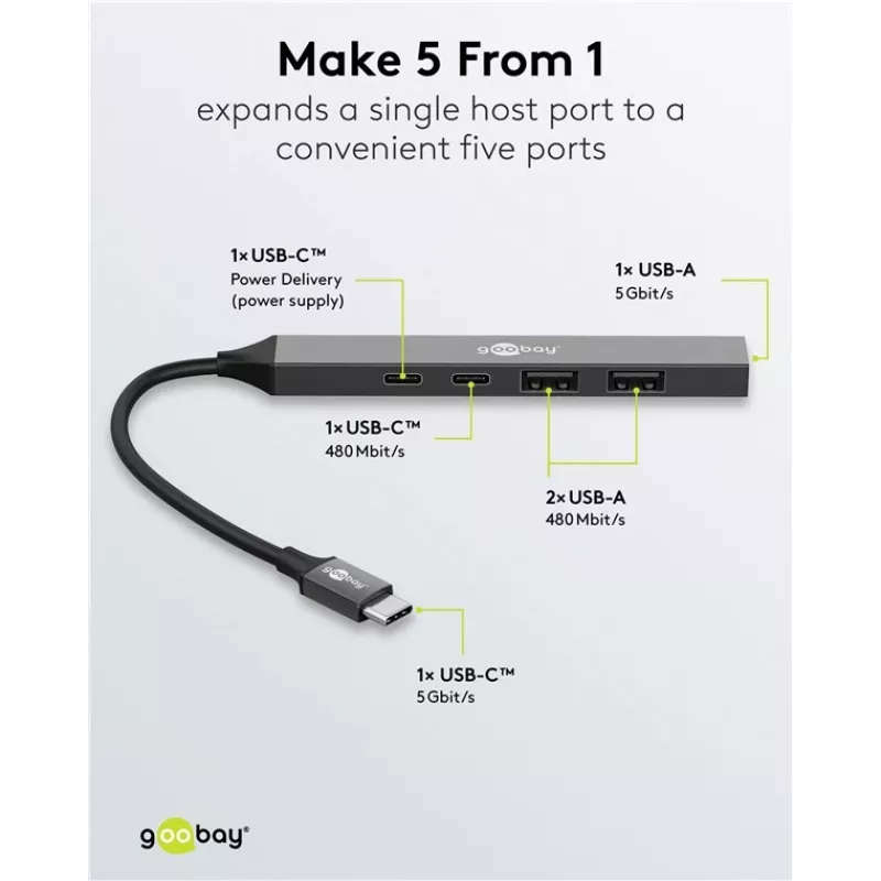 Goobay Slim 5-porttinen USB-keskitin, USB-C™–USB-C™/USB-A, USB 3.2 (74460)