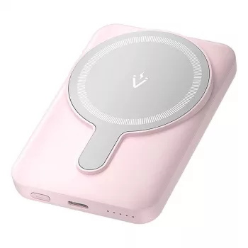 Powerbank Vention FHSP0 5000 mAh langattomalla latauksella, USB-C, 3 A lähtö, pinkki
