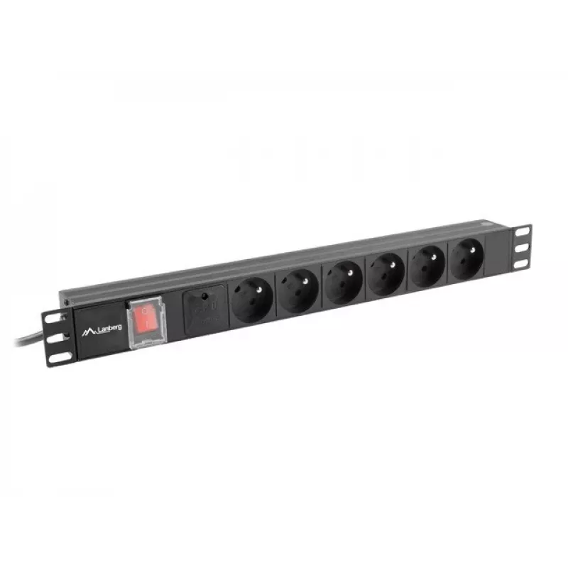 Virranjakoyksikkö LANBERG PDU-06E-0200-BK — 6x Type-E lähtöä, 16 A, 2 m kaapeli, 1HE rack, 220–250 V