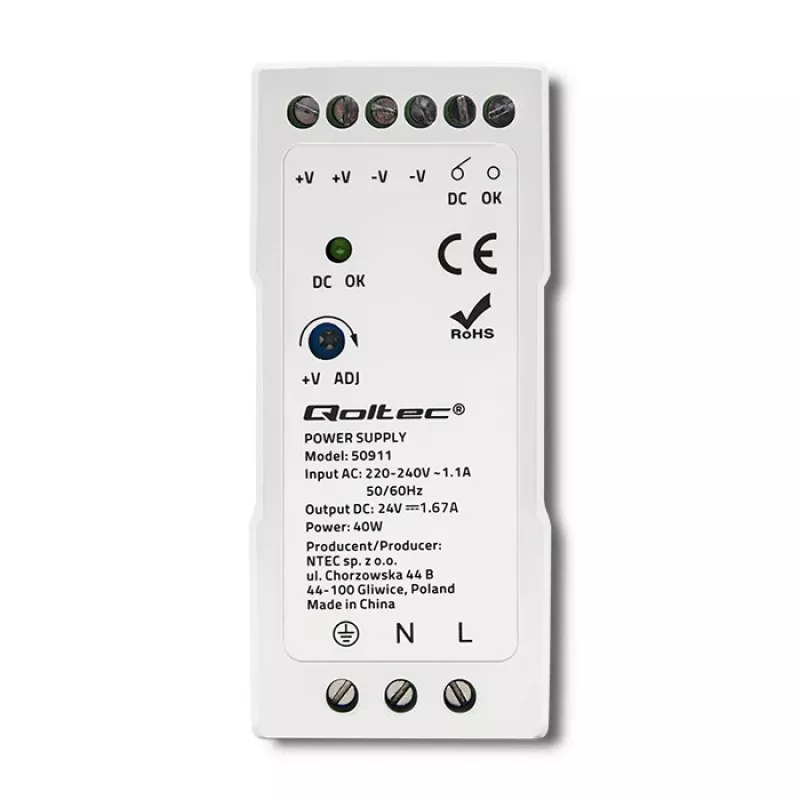 Qoltec DIN-kiskovirtalähde | 40W | 24V | 1.67A | valkoinen | ohut