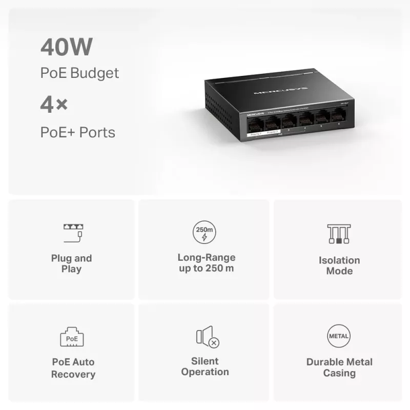 Mercusys 6-porttinen 10/100Mbps Desktop-kytkin 4-porttisella PoE+