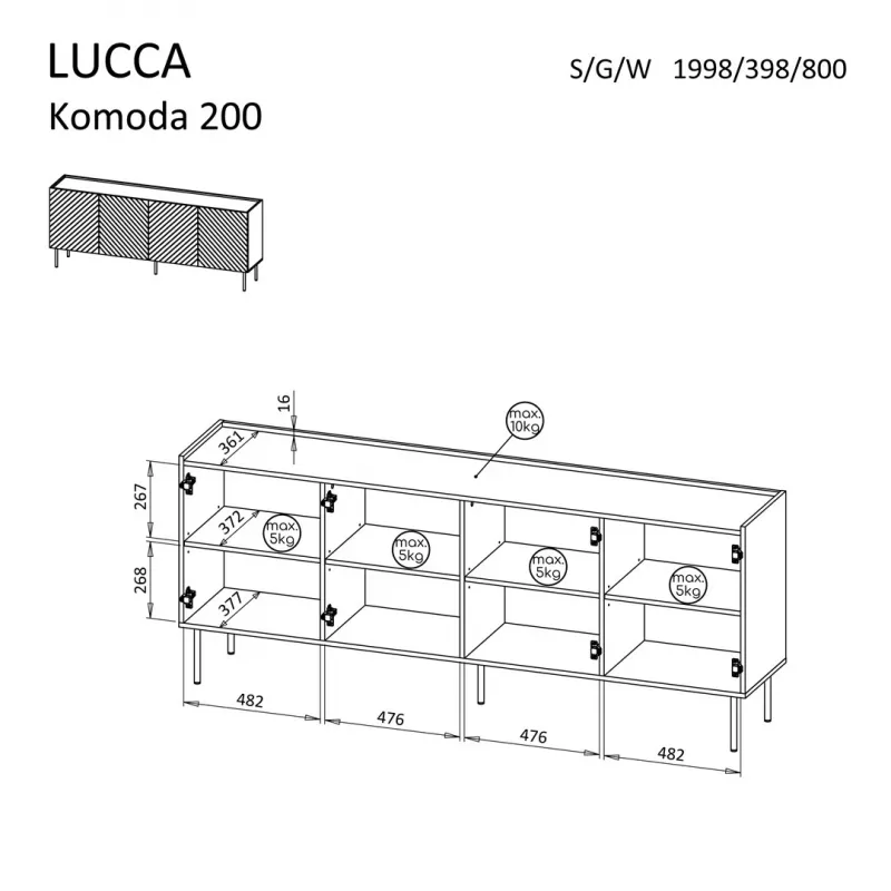 Cama Meble LUCCA 4D lipasto, 200x40x80 cm, valkoinen