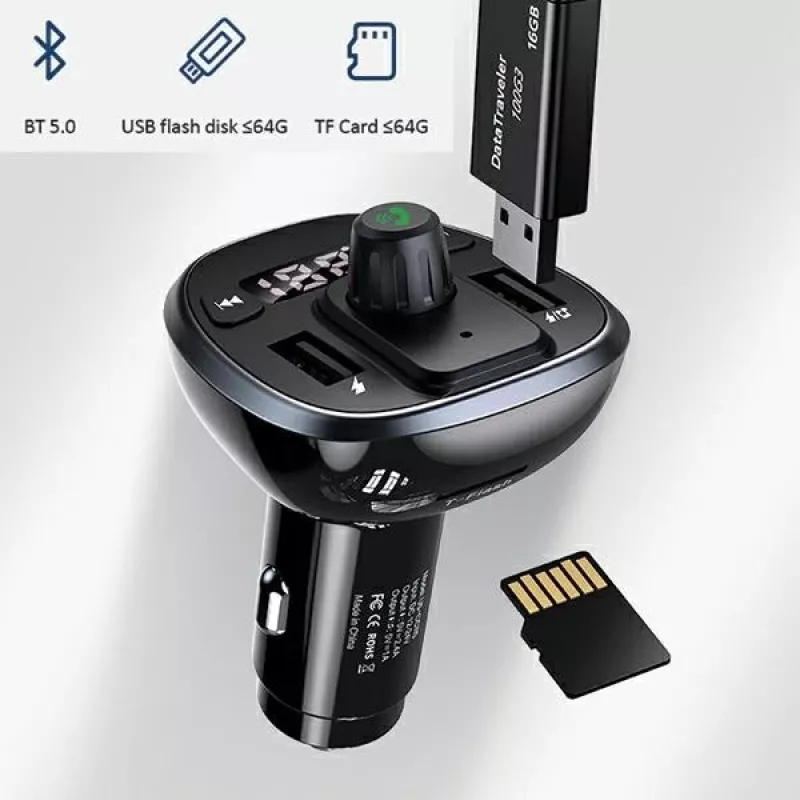 USAMS US-CC115 C21 auto-FM-lähetin kaksois-USB-laturilla, Bluetooth 5.0, 3,4 A, musta