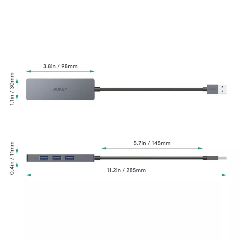 USB-keskitin Aukey CB-H36 — 4-porttinen USB 3.2 Gen 1 Type-A, isäntä USB 2.0, 5 000 Mbit/s, alumiini hopea