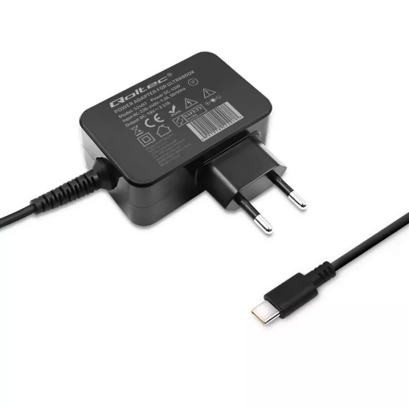 QOLTEC 51024 matkalaturi – yleislaturi AC-sisäkäyttöön, 65 W PD, 20 V/3,25 A, 1,2 m kaapeli, musta