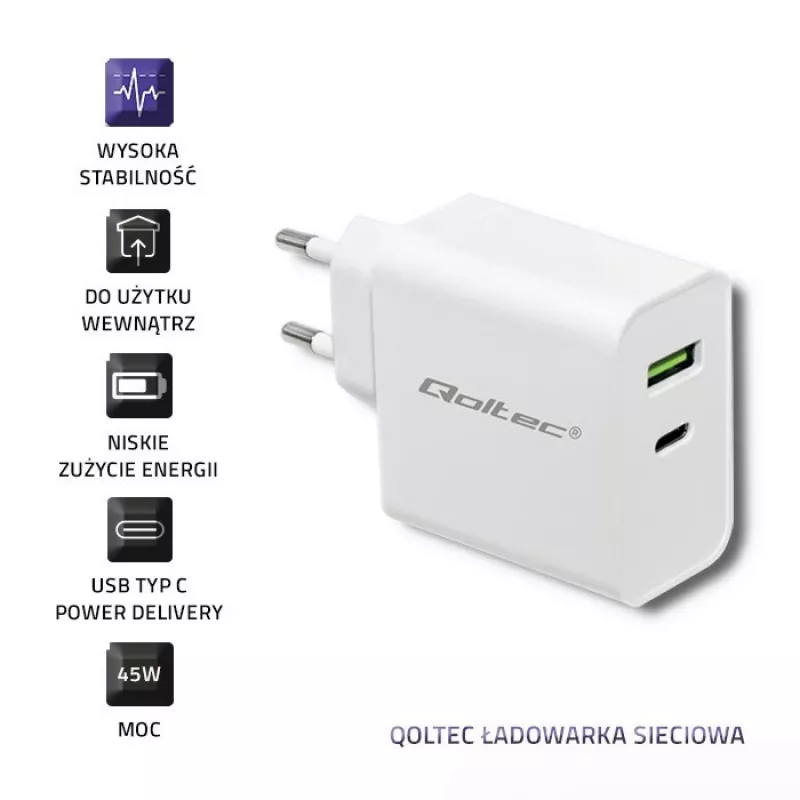 Qoltec 51718 laturi | 45W | 5-20V | 2,4-3A | USB Type-C PD | USB | valkoinen