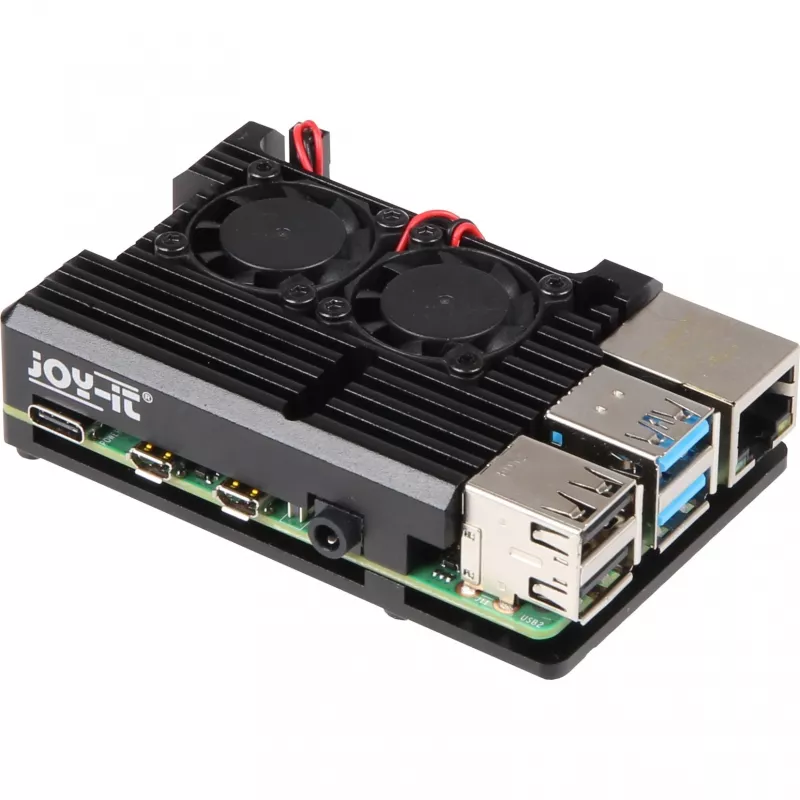 JOY-IT RPI CASE ALU07F - kotelo Raspberry Pi 4:lle, alumiini, tuuletin, musta (RB-ALUCASEP4+07FAN)