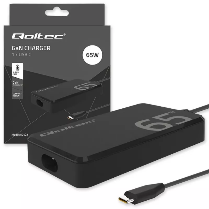 QOLTEC laturi 65W GaN Super Fast ohut PD 5-20V 3,25A USB-C