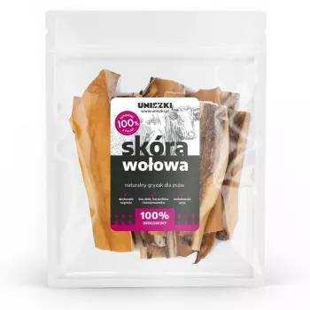 Koiranherkut UNISZKI naudan nahka 100 g — luonnolliset naudan nahasta valmistetut hampaidenhoitopuruluut, 100 g pussi, proteiini 65%