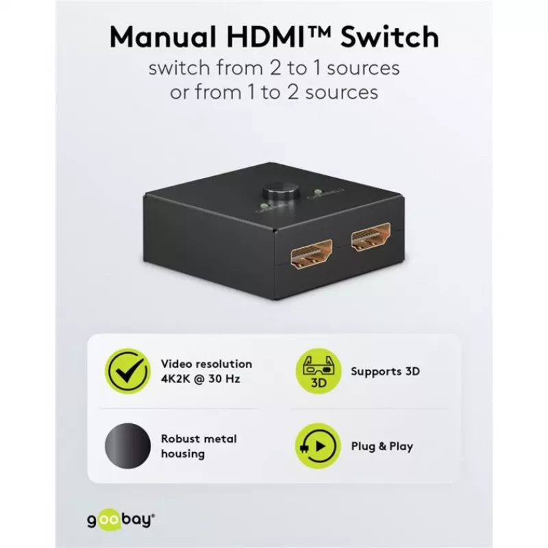 Goobay 58485 manuaalinen HDMI-kytkin 2 -> 1, 4K 30 Hz