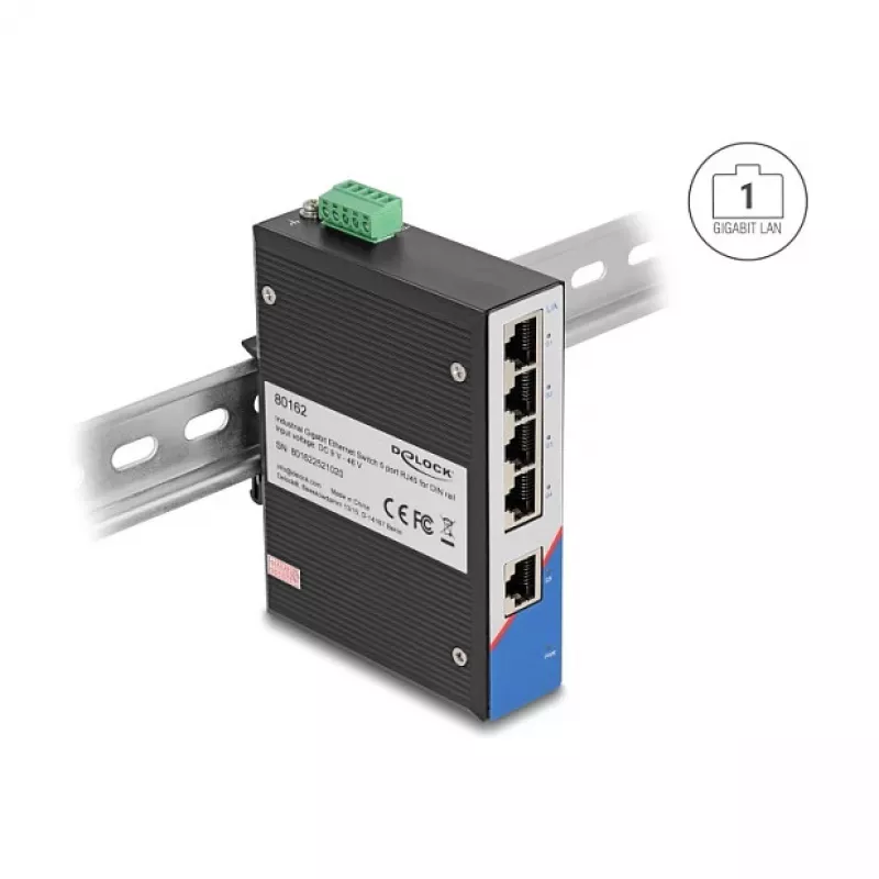 Ethernet-kytkin DELOCK 80162 — 5-porttinen Gigabit RJ45 DIN-kiskoasennukseen