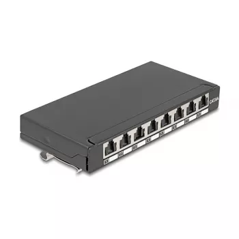 Patch-paneeli DELOCK Mini Desktop RJ45 8-porttia Cat.6A suojattu musta pöydälle, seinälle tai DIN-kiskoon
