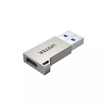 USB Type-A sovitin Unitek A1034NI, hopea, USB 2.0/3.2 Gen1, jopa 5 Gbit/s, sinkkikotelo, 36×16,7×5,7 mm
