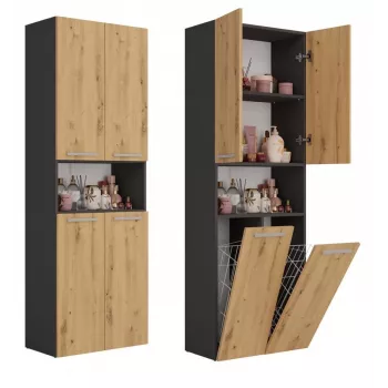 Kylpyhuonekaappi Top e Shop NEL 2K DK ANT/ART KP – grafiitti/tammi, vapaasti seisova, 600×300×1740 mm, 3 hyllytasoa