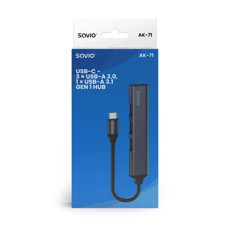 USB 3.0 4-porttinen USB-keskitin SAVIO AK-71 USB-C isännällä, 5000 Mbit/s, 2 vuoden takuu