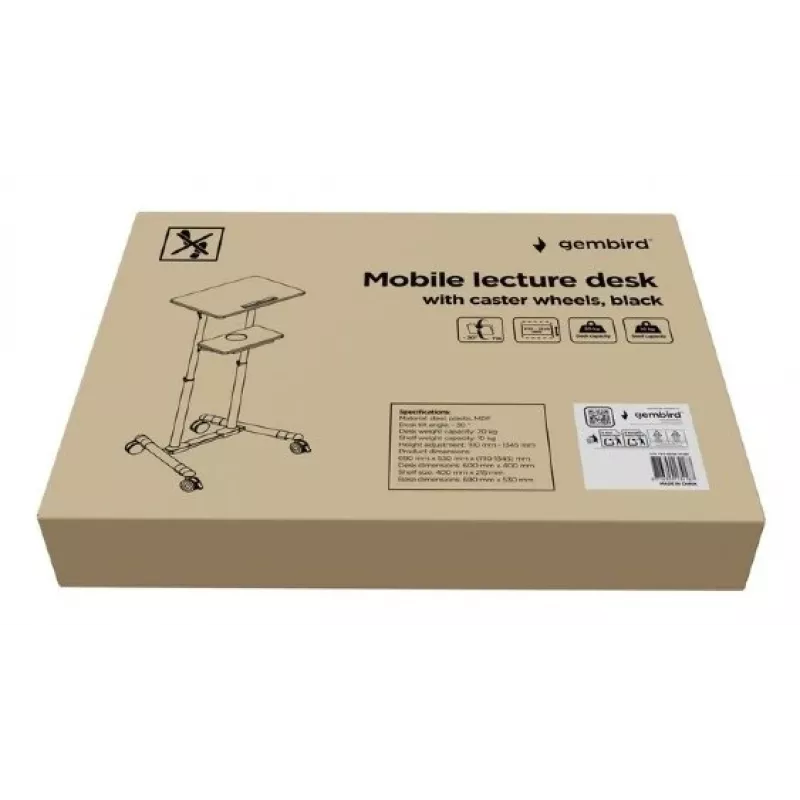 Gembird TVS-DESK-01-BK liikuteltava seisomapöytä pyörillä, säädettävä korkeus 111–134,5 cm, kallistus 30°, enintään 20 kg, musta