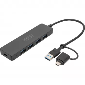 USB-keskitin, Digitus, DA-70235, 4 porttia, USB 3.2 Gen 1, Type-A ja Type-C, 12000 Mbit/s