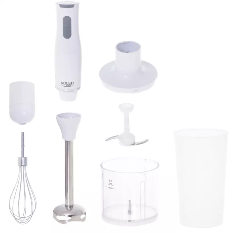 Adler AD 4620 sauvasekoitinsarja, 800 W, 2 nopeutta, 450 ml pilkkoja, 750 ml astia, vispilä, valkoinen
