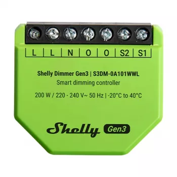 Upotettava himmennin Shelly Dimmer Gen3 — LED max. 150W, halogeeni max. 200W, 220–240V, langaton, musta/lime