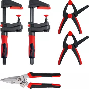 Puristinsarja Bessey DIY-SET1-A 5 osaa sisältäen 4 puristinta ja peltisakset