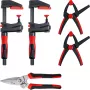 Puristinsarja Bessey DIY-SET1-A 5 osaa sisältäen 4 puristinta ja peltisakset