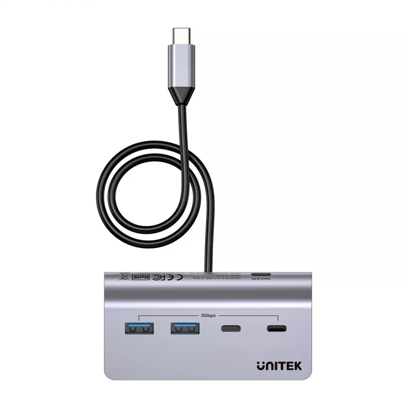 USB-keskitin Unitek H1337AGY01 – 4 porttia (2×USB-C, 2×USB-A), jopa 5 Gbit/s per portti, alumiini, hopea