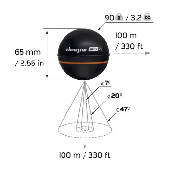 Kannettava kalastuksen kaikuluotain Deeper Smart Sonar PRO+ 2 kaiku 675 kHz, 100 m kantama, 65×65×65 mm, Li‑Ion 950 mAh