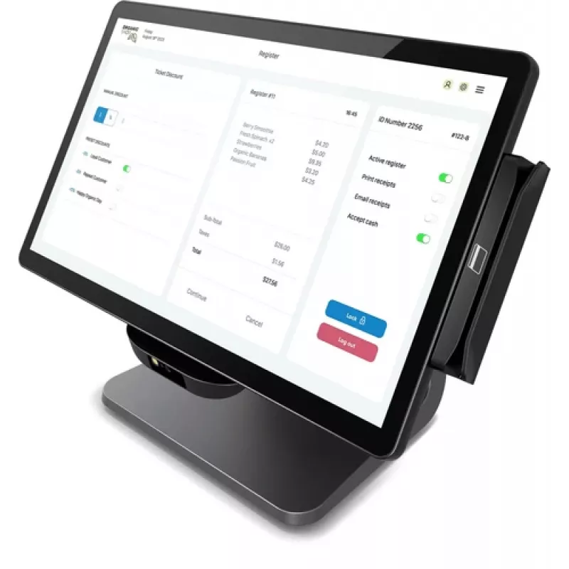 Elo E-Series 3, 8 GB RAM, 128 GB SSD, WiFi, 39,6 cm (15,6 tuumaa), Full HD, USB, USB-C, RS232, BT, Ethernet, Intel Celeron, musta kassajärjestelmä