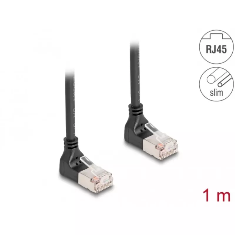 Verkkokaapeli DeLOCK RJ45 Cat.6A S/FTP ohut 90° ylöspäin 1 m musta