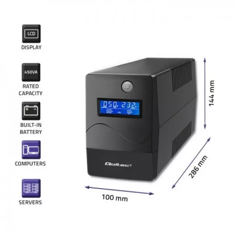 Qoltec Monolith 53980 UPS-varavirtalähde 1000 VA 600 W, 2x Schuko, LCD, USB, RJ45