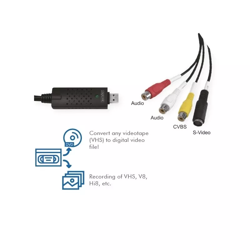 LogiLink USB 2.0 A/V -kaappari. USB A-uros 3xCinch + MiniDIN5-naaras. musta