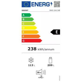 Jääkaappi INDESIT INKS1341S4E — 340L kokonaistilavuus (230L jääkaappiosa / 110L pakastinosa), vaihdettava oven kätisyys, energiatehokkuusluokka E