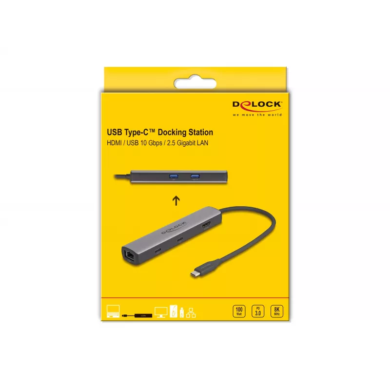 DeLOCK USB Type-C -telakointiasema 8K HDMI USB 10 Gbps 2,5 Gigabit LAN PD 100W
