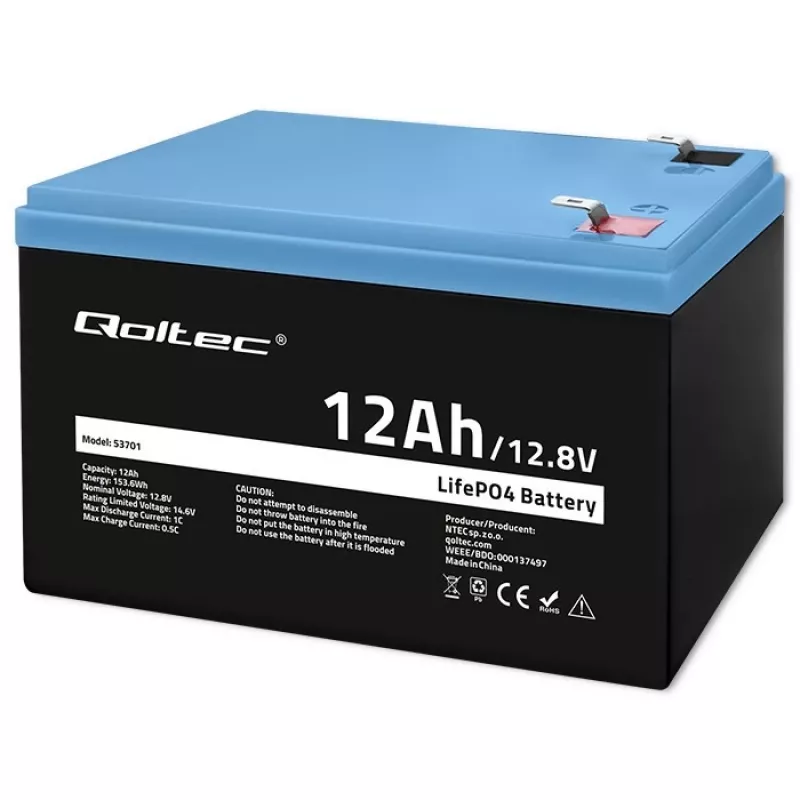 Qoltec LiFePO4 litiumrautfosfaattiakku 12,8 V 12 Ah 153,6 Wh BMS:llä